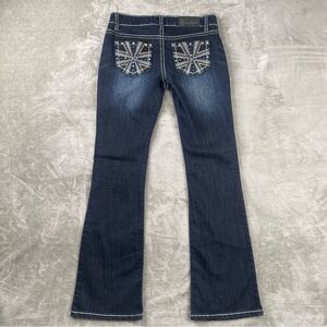 Soundgirl Jeans 7 Flare Y2K Low Rise Union Jack Rhinestone Pocket Dark Wash